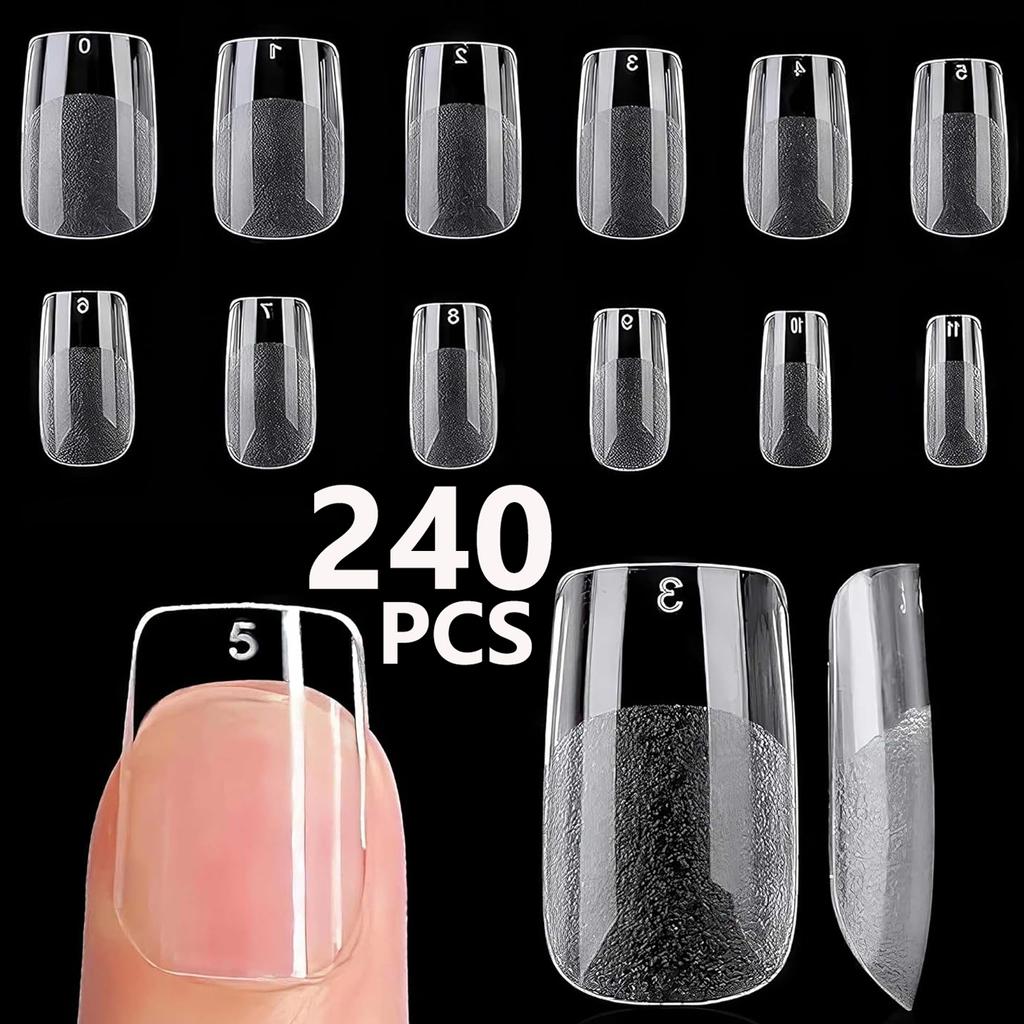 240PCS Short Almond Nail Tips Soft Gel Pre-Shaped Acrylic Nail Tips Half Matte Full Cover Nail Tips Clear Gelly Press On Nail