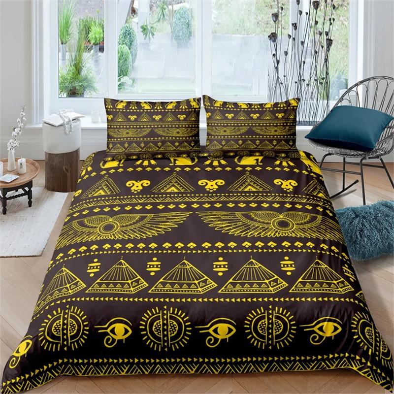 Ancient Egypt King Queen Duvet Cover Egyptian Symbol Bedding Collection Pharaoh Pyramid Boho Comforter Cover Soft Polyester Quilt Cover