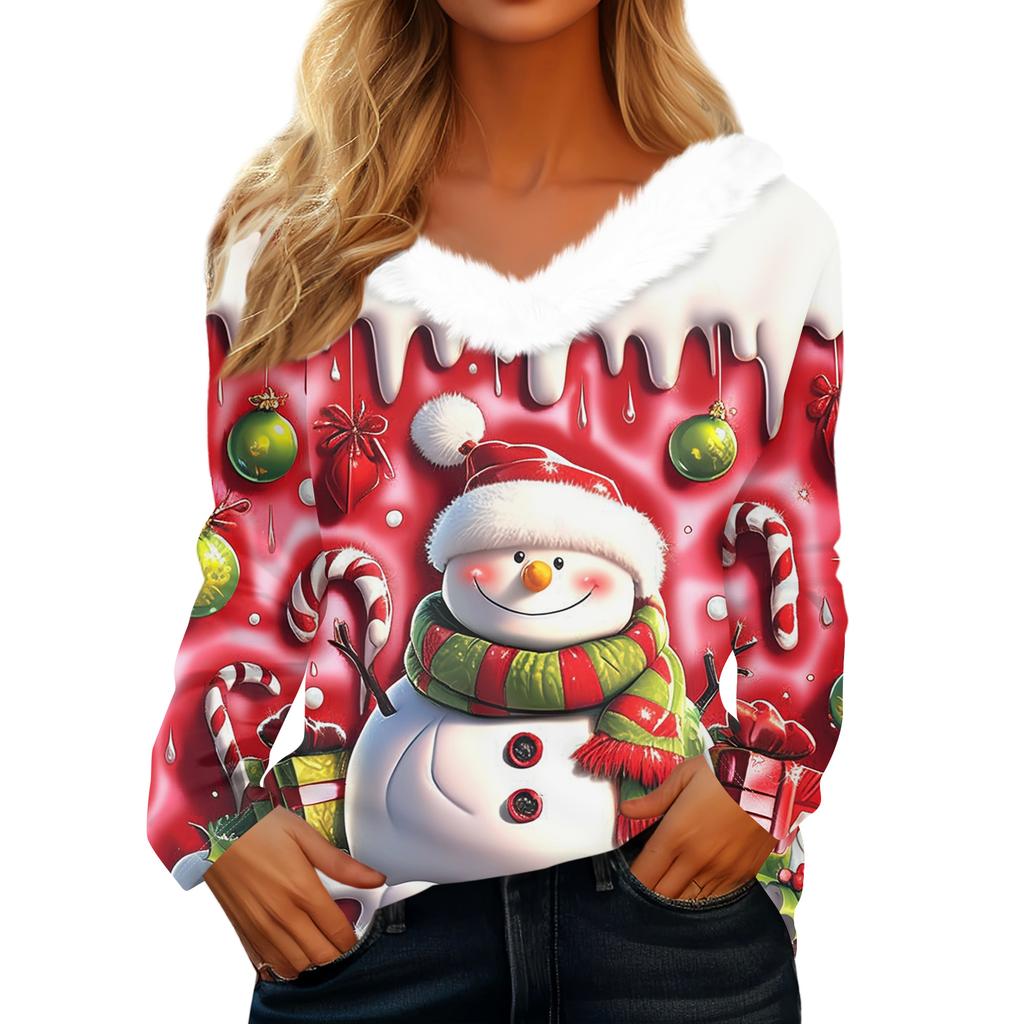 Women's Christmas Printed Long Sleeved Party Plush Neck V-neck Top