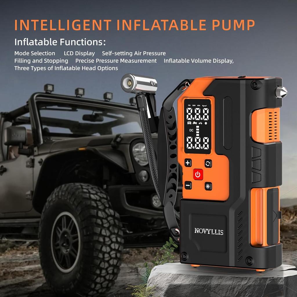Air Compressor with Jump Starter 10000mAh Power Bank, 150PSI Tire Inflator, SOS LED Light, Auto Shut-off