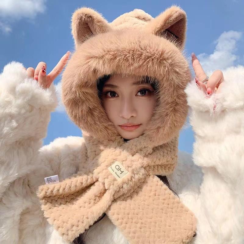 Hat female autumn and winter warm knitted wool snow hat cycling mother fashion ear protection headgear scarf integrated hat
