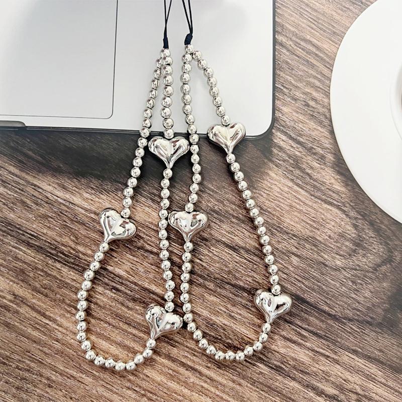 Ins Y2K Silver Love Heart Bowknot Phone Charm Strap Bead Pendant For Phone Accessories Hanging Rope Girl Jewelry