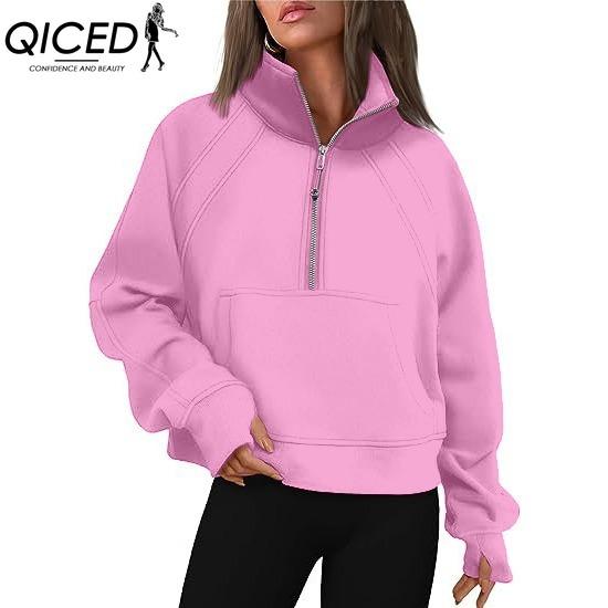 Felpa HNXC da Donna Autunno e Inverno, Mezza Zip, Collo Alto Corto, Monocolore, con Pile