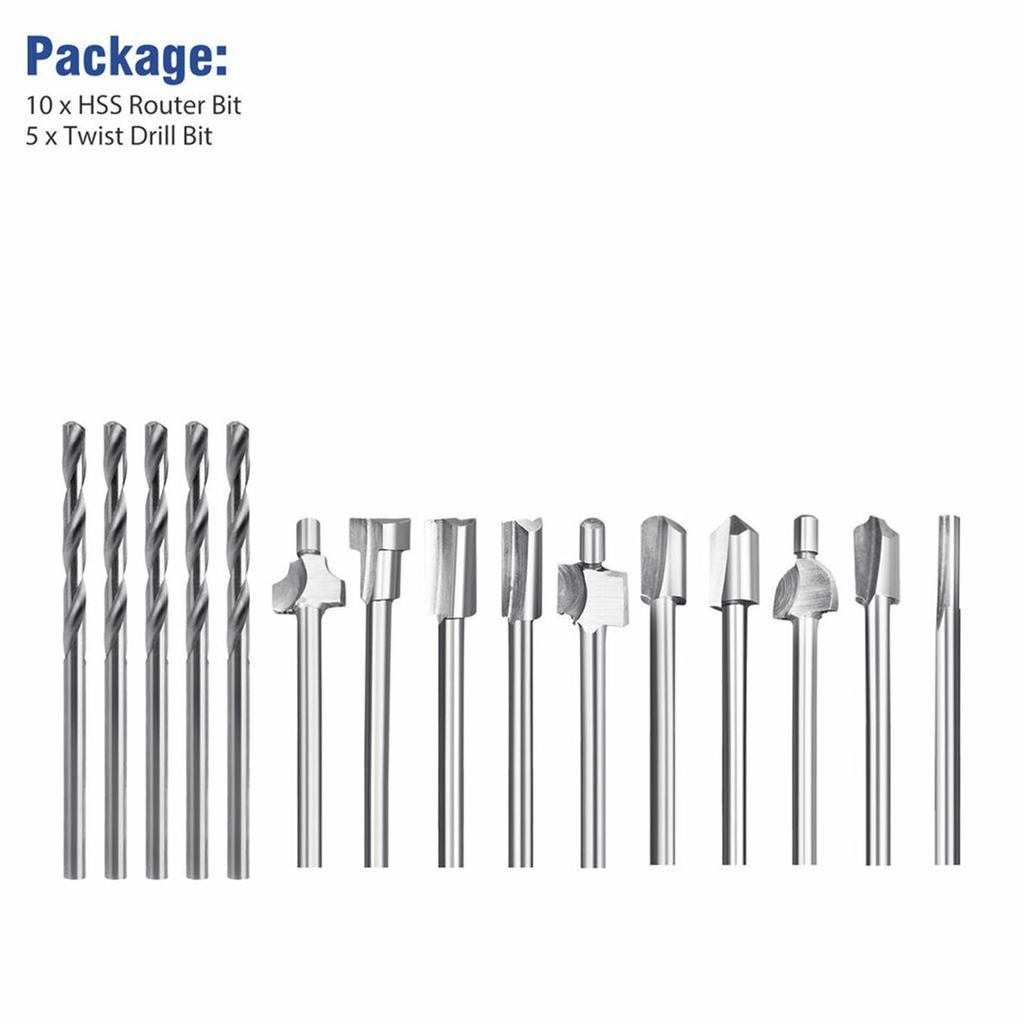 15pcs 1/8" Shank Router Bit Set Engraving Milling Cutter Twist Drill Bits DIY Woodworking Carving Drilling Rotary Tools