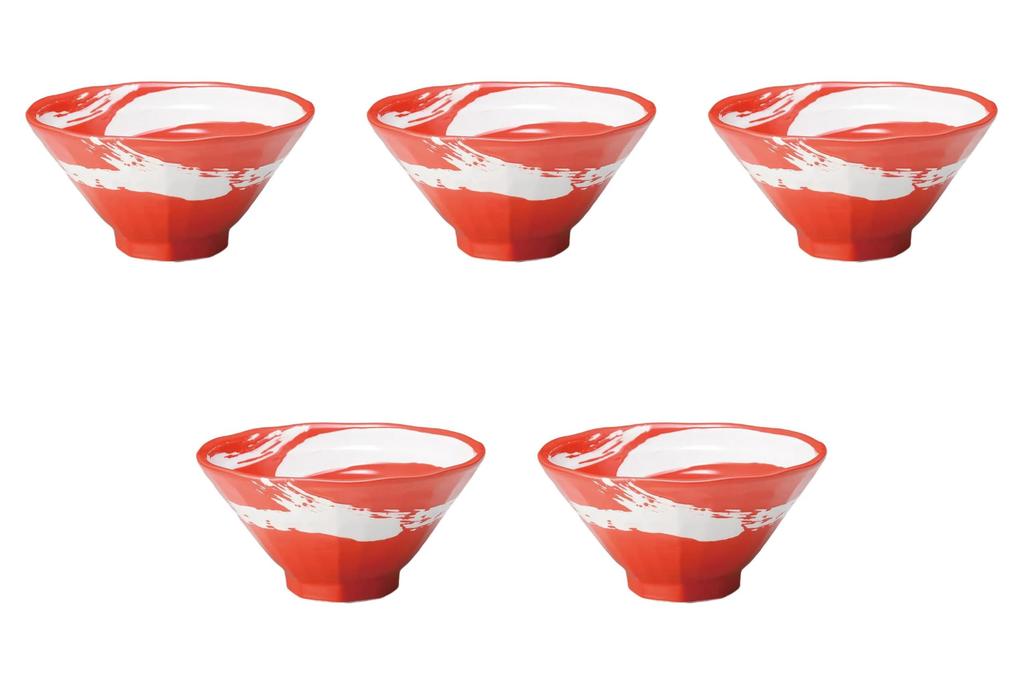 Set of 5 Goku Brushed Red Octagonal Bowls x Ramen Bowls by Setomonohonpo 6.3cm [19.7 10cm]
