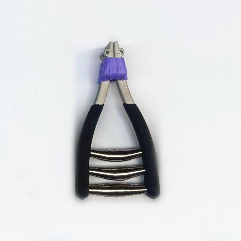 Manual Badminton & Tennis Racket Stringing Machine with Starting Clamp, String Blocking Pliers, and Pressure Reducing Pad.