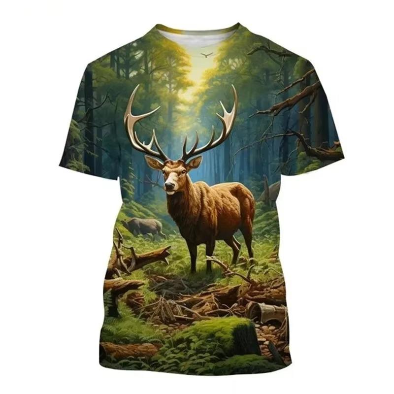 Hirsch 3D-Druck T-Shirt Lustige Tierjagd Grafik Kurzarm Rundhals T-Shirt Herren Outdoor Trend Persönlichkeit Tees