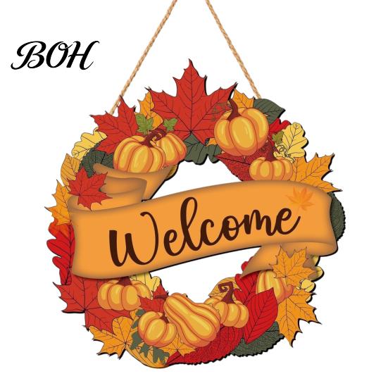 Fall Front Porch Decor Harvest Festival Welcome Sign for Door, Rustic Wooden Hanging Wheat Ear Ornament with Hemp Rope, Autumn Pumpkin Plaque