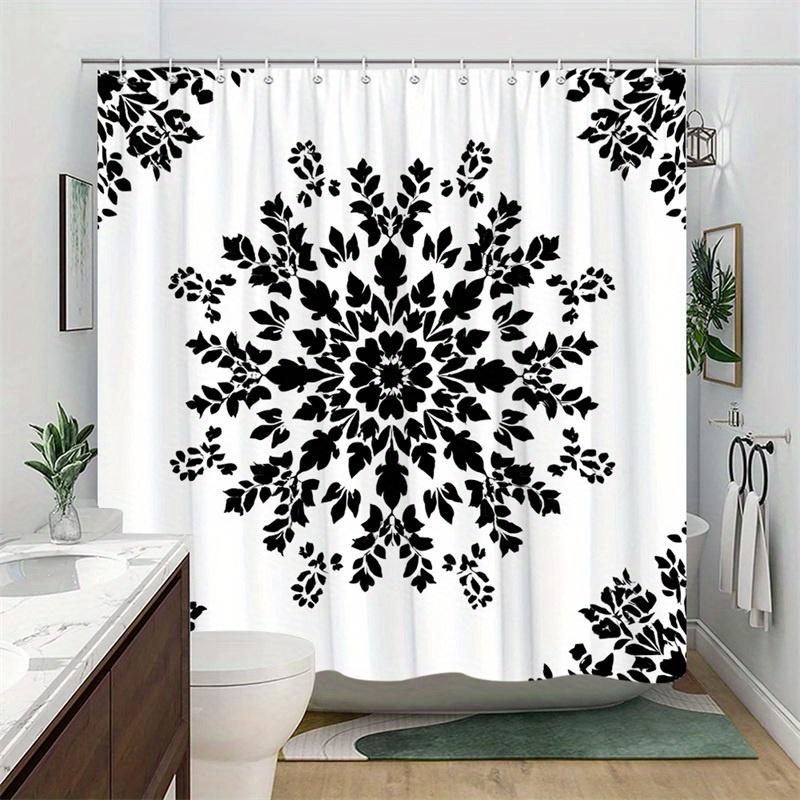 1Pc Black Floral Snowflake Pattern Shower Curtain - Polyester Fabric, Machine Washable, Suitable For Bathroom Decoration
