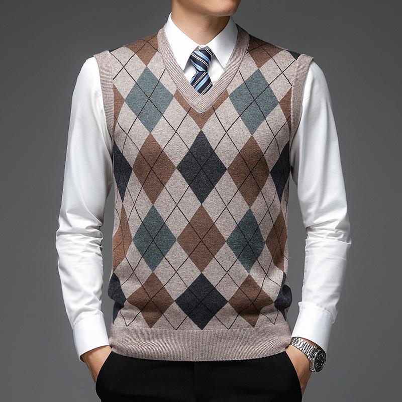 

Men s Wool Plaid V-Neck Knit Vest for Autumn/Winter - Middle-Aged Casual Style M