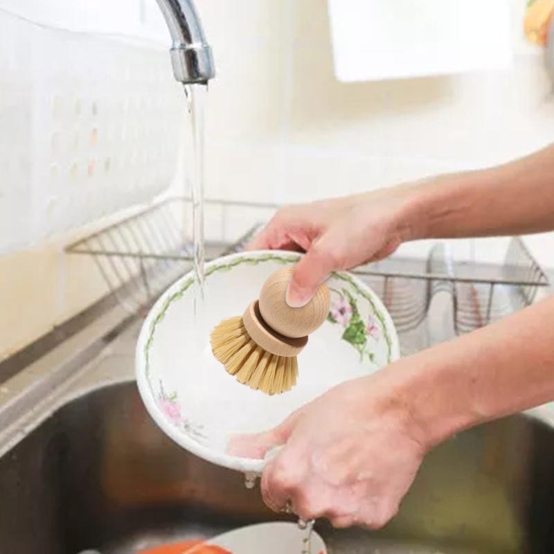 Mini Cleaning Brush with Wood Handle Scrubber Oil Remover Cleaning for Home Kitchen Pot Bowls Dishes Handheld Cleaner