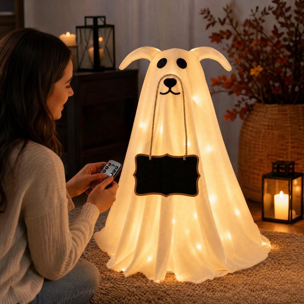 Décoration Chiot Halloween avec Guirlande Lumineuse à Télécommande pour Intérieur Extérieur Jardin