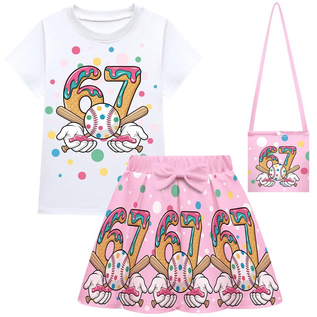 

Kids Girls Steal a Brainrot 67 Print Sets Short Sleeves T-Shirt Skirt Bag Clothes Set 160cm