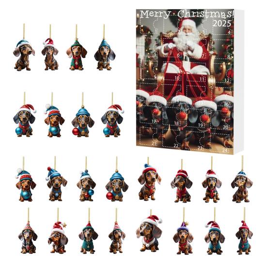 Christmas Dachshund Advent Calendar 2025 Xmas Countdown Calendar 2D Cartoon Dachshund Hanging Decorations Happy New Year Gift for Kids
