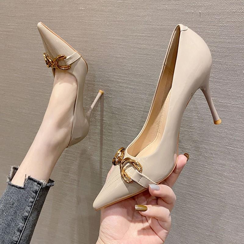 Fashion Metal Buckle Slip-on High Heels Autumn New Pointed Toe Shallow Mouth Anti-slip Wear-resistant Stiletto Shoes