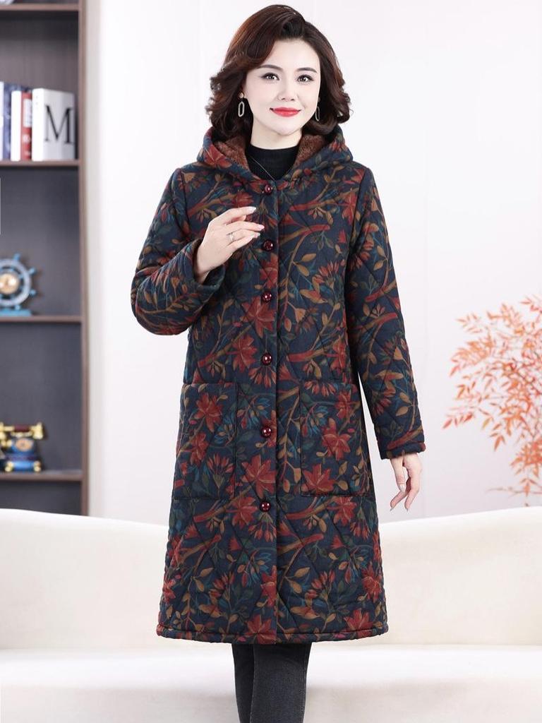 Stylish and Warm Mid-Length Floral Cotton Jacket for Middle-Aged Women, Plus Velvet, Thickened for Winter
