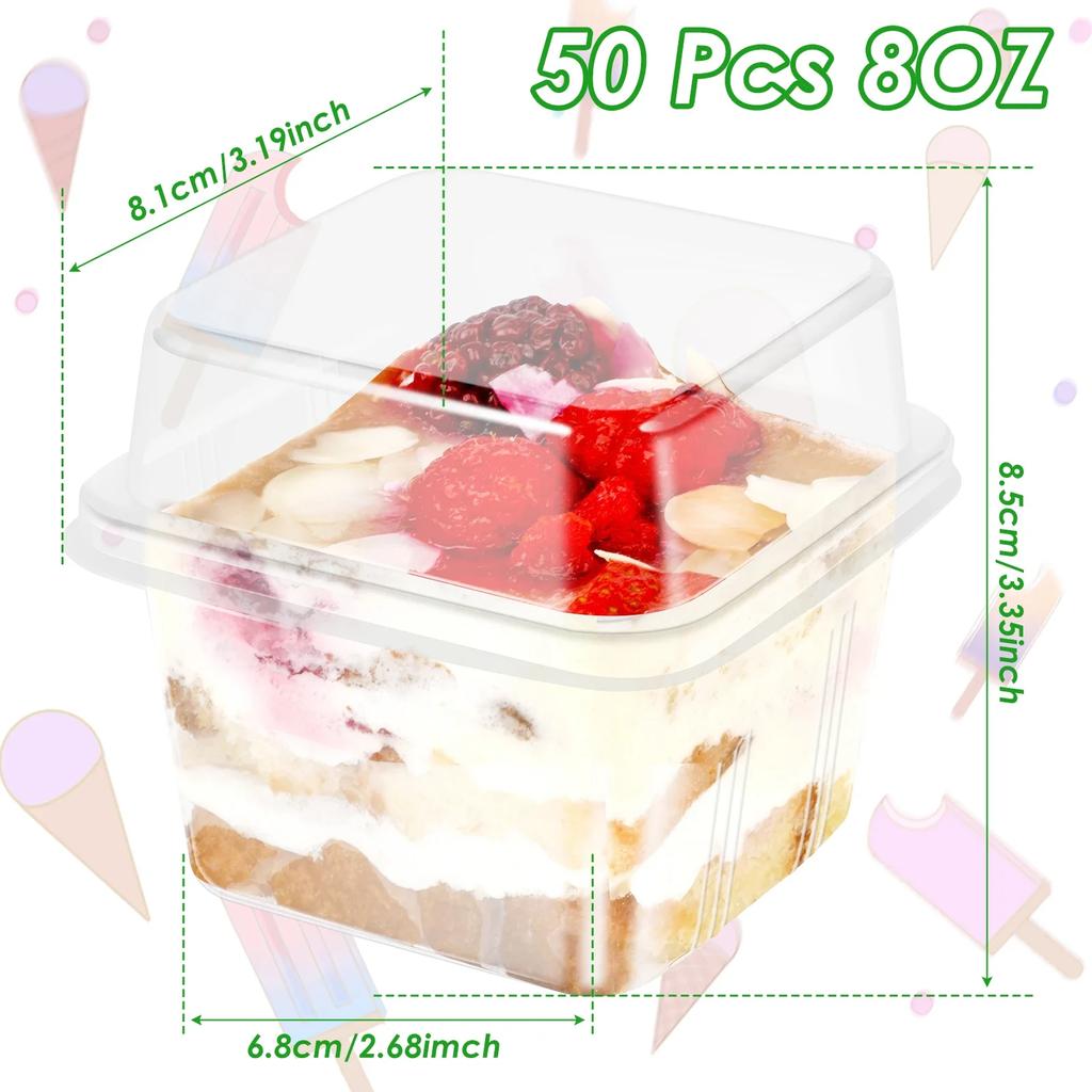 50Pcs Plastic Dessert Cups Clear Square Single Dessert Box Sealed Cake Storage Box for Muffins Cupcake Pudding Mousse Christmas