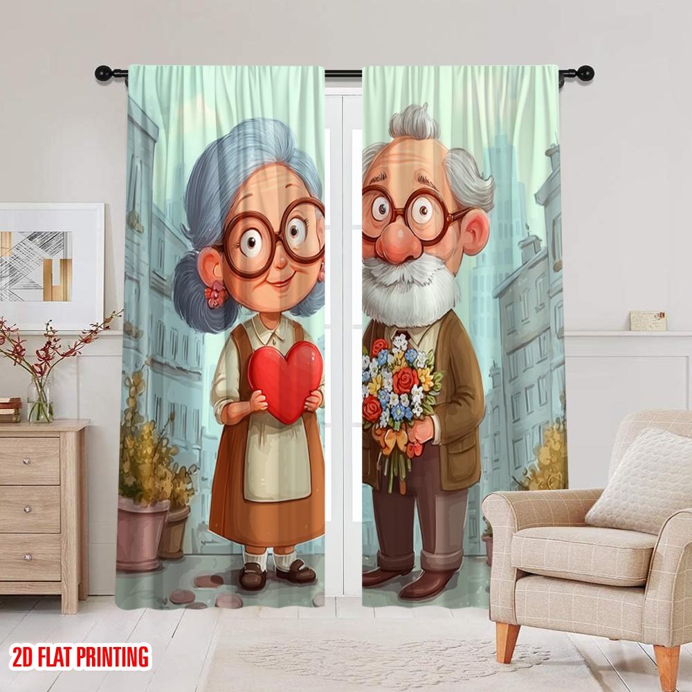 2pcs,2D Plane Printing Curtain Popular Grandmother and Grandfather Love Story Polyester Easy Install (without Rod) Holiday Ldeal