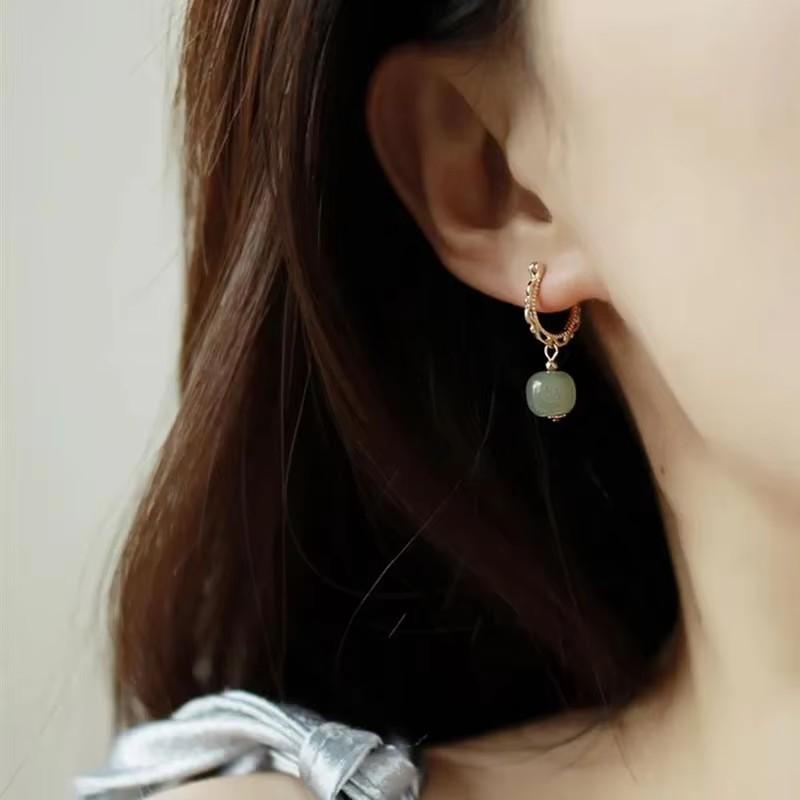PANJBJ 925 Sterling Silver Rose Hotan Jade Earring for Women Girl Ethnic Style Versatile Temperament Jewelry Gift Dropshipping