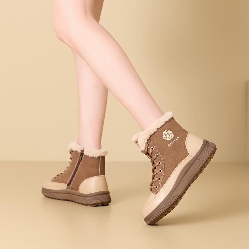 Fashion GKTINOO Genuine Leather Sneakers Women Snow Boots Casual Platform High Top Lace-up Winter Warm Plush Ladies Casual Shoes