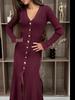 Elegant Knit Long Dress for Women: French Waist-Cinched, V-Neck, Gold Button Accent, Long-Sleeved, 2025 Autumn/Winter Collection.