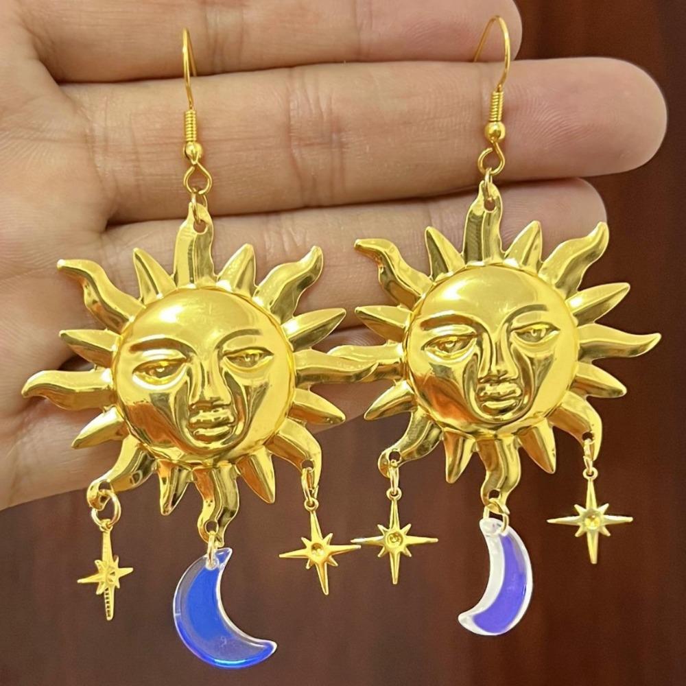 Creative Exaggerated Purple Crystal Relief Human Face Sun Moon Star Dangle Earrings for Woman Bohemia Artistic Jewelry Accessory