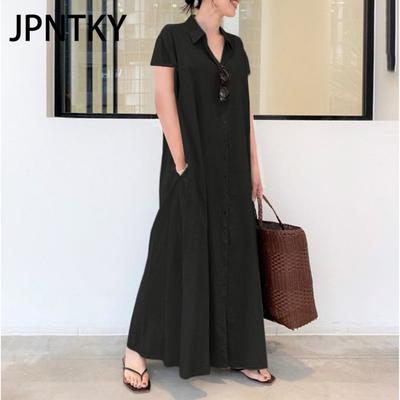 JPNTKY Damen Mode Sommer Frühling Einfarbiger Druck Kurzarm POLO-Hals Lässige Kleider