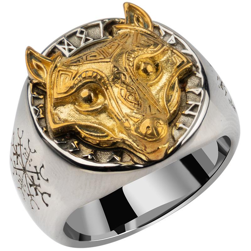 Gothic Lolita Viking Wolf Head Index Finger Ring Titanium Steel Trendy Men's Single Tail Ring Domineering Retro Hip Hop Personality Give Gift Ring Box