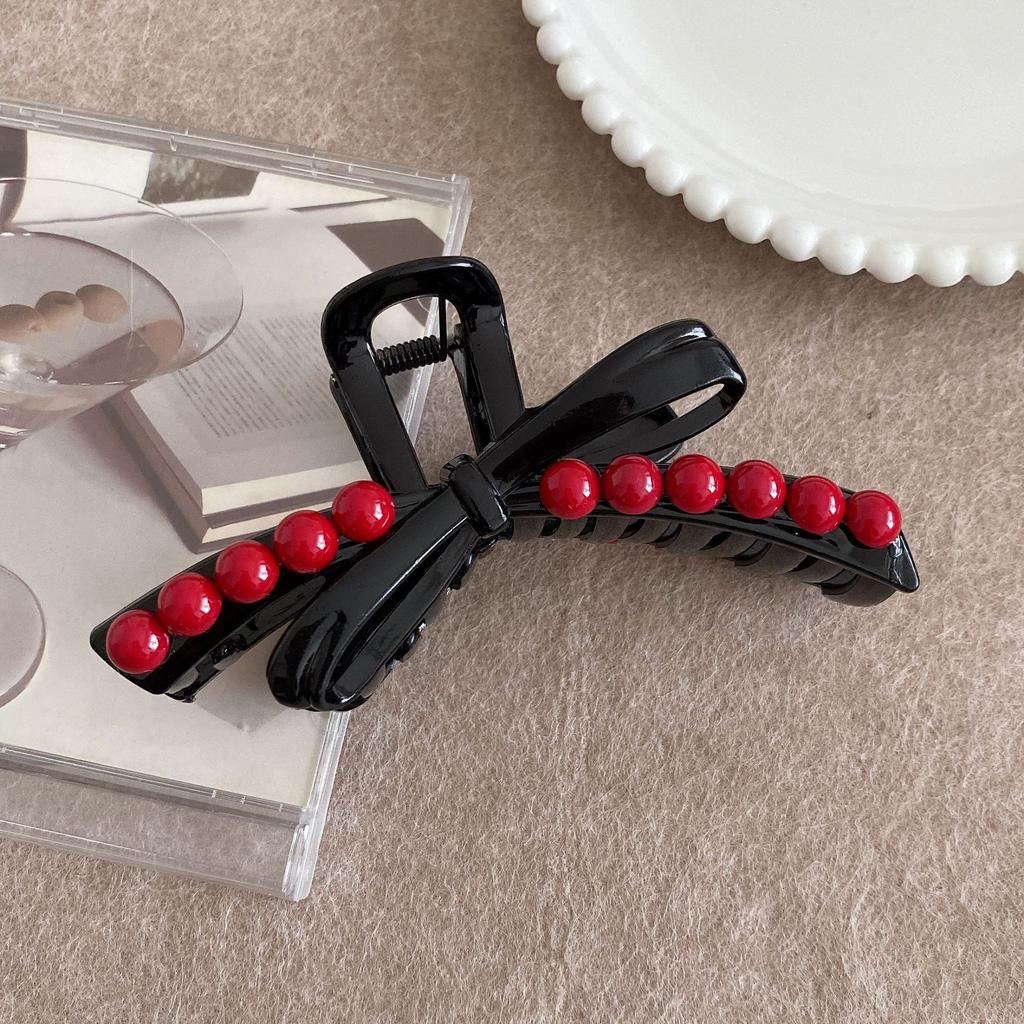 Women Large Bow Hair Crab Clips for Girls Korean Acrylic Hair Claws Red Beads Vintage Hair Accessories Lady Ponytail Barrettes