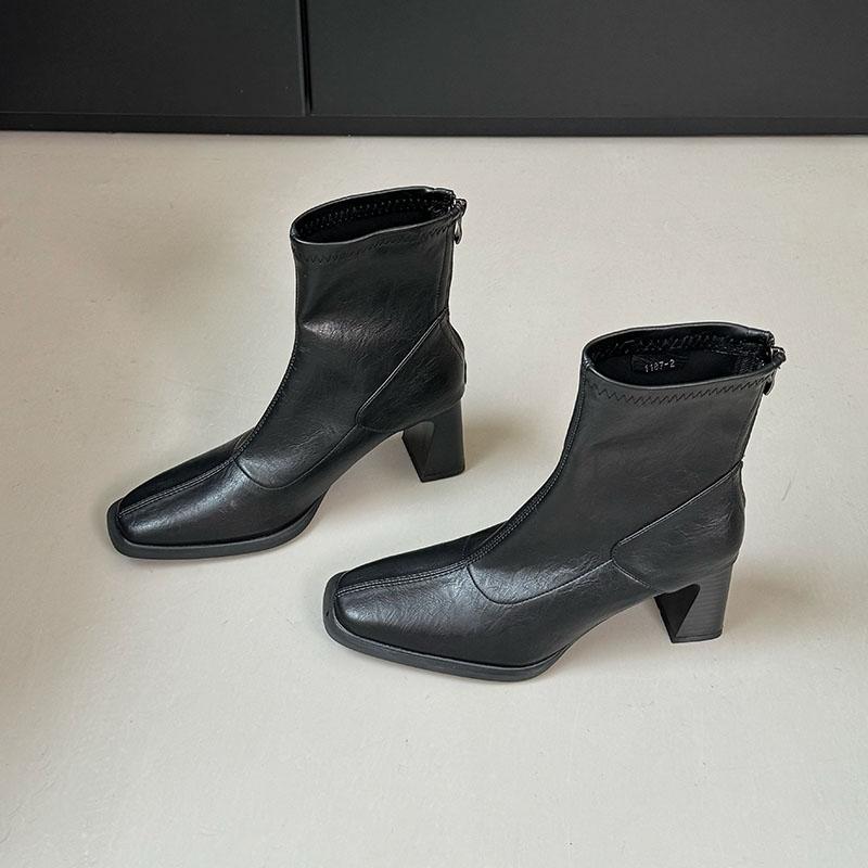 Fashion Female 6CM Heels Footwear Ladies Ankle Modern Boots Square Toe Fashion Zippers Women Stretch Short Boots Pumps Shoes New
