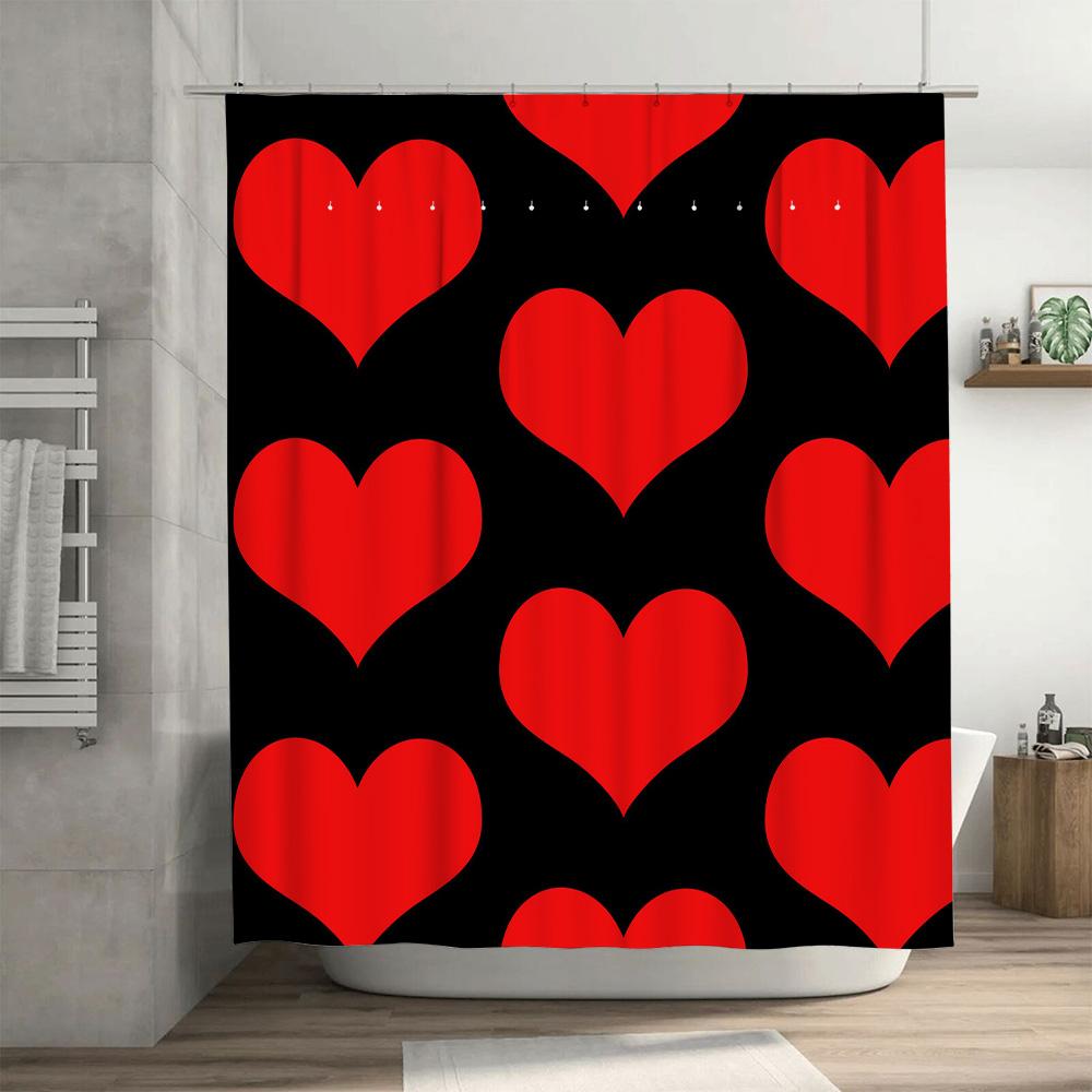 Heart Shaped Shower Curtain Waterproof Bathroom Decor Printed Fabric Shower Curtains Red Black Background 72X84 (180X213Cm)