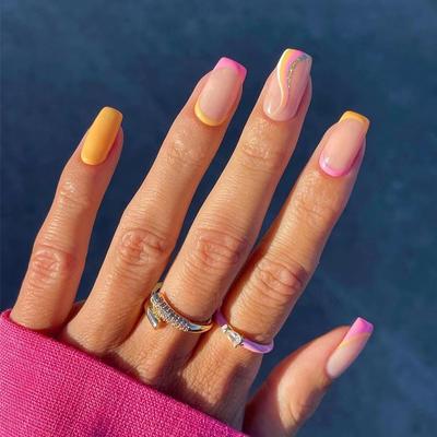 24Pcs/Set Quick Nails French Pink And Yellow Waves False Nials Sticker Wearable Waterproof Manicure Finished Nails