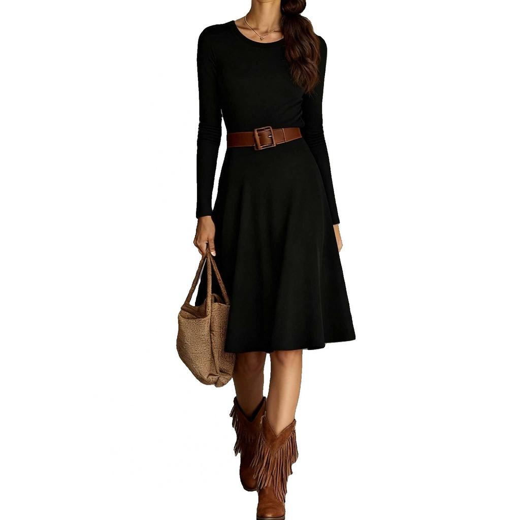 Fashionable Women's Elegant Western Round Neck Knitted Long Sleeved Spring And Dress