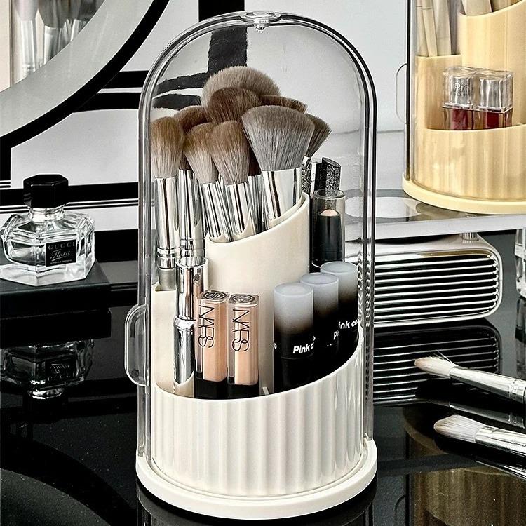 Rotating Transparent Makeup Brush & Lipstick Organizer with Dustproof Design