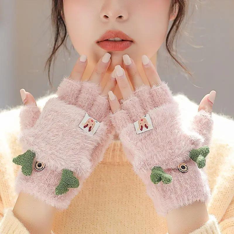 Winter Women Cute Antler Plush Motorcycle Gloves Warm Winterproof Half-finger Flip Gloves Christmas Deer Fashion Female Mittens