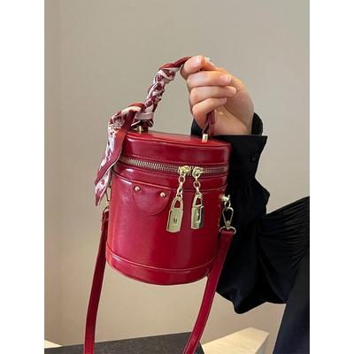 Vintage Red PU Leather Mini Handbags Summer New Barrel-shaped Crossbody Bag Women Fashion Phone Purse