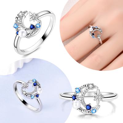 Blue Star Shape Moon White Pearl Ring Authentic Copper Beautiful Gift Jewellery Accessory Women Wedding Delicate Engagement Ring