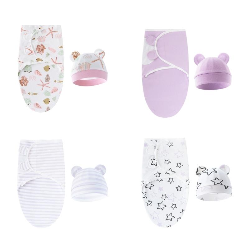 4 Set Baby Swaddles Wrap Blanket with Bonnet Hat Sleeping Bag Anti Kick Blanket Swaddles for Toddler 0-12 Months