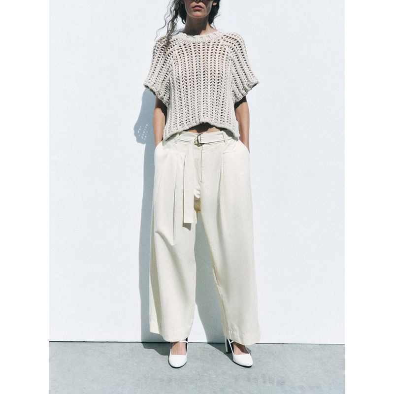 Za2024 Autumn New Women's Clothing Fashion Side Belt Decoration Thick Needle round Neck Casual Short Sleeve Tops 2142116