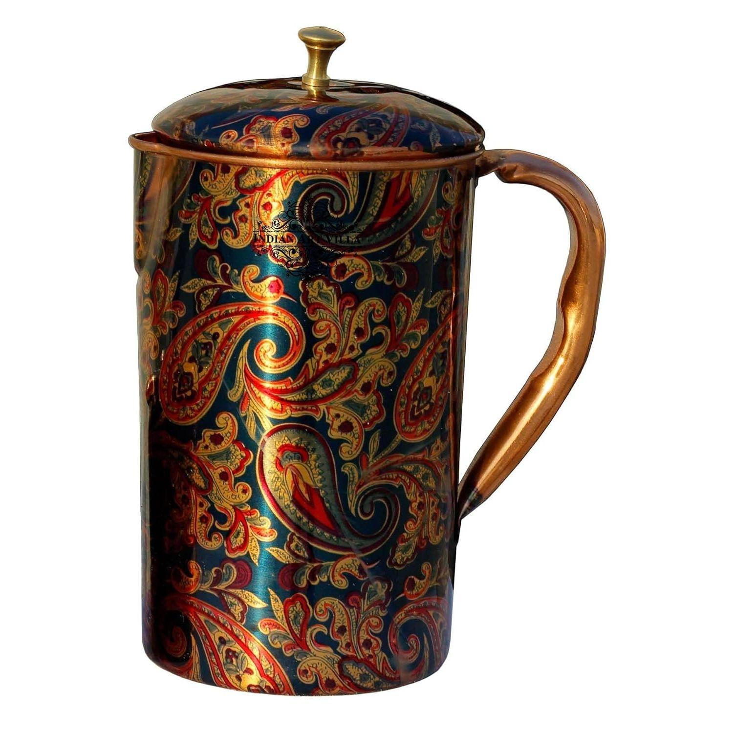 

Printed Copper Jug Pitcher, Storage & Serving Water, Yoga Ayurveda Healing, 1500 ML
