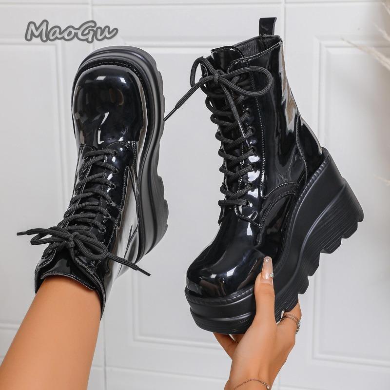 10CM Wedges Height Increasing Platform Boots Autumn British Style Short Bright Leather Ankle Boots for Women Fashion Botas Mujer