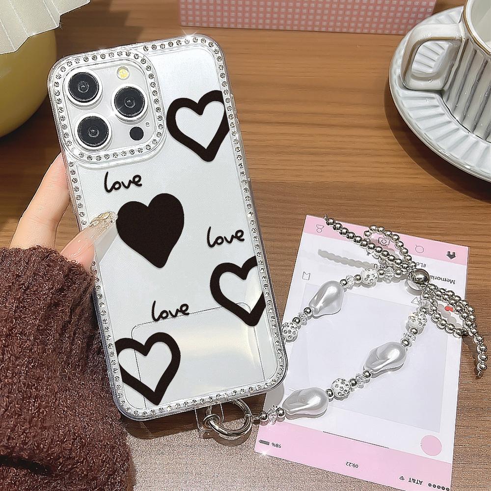 Bracelet Chain Phone Case For iPhone 17 16 15 13 14 for 17Air 17 12 14 16 Pro 17 14 16 Pro Max Sparking Diamond Cute Pattern Hard Cover With Lanyard