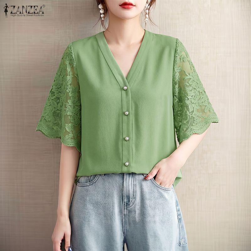 ZANZEA Women Lace Splice Half Sleeve Casual V-Neck Elegant Blouse