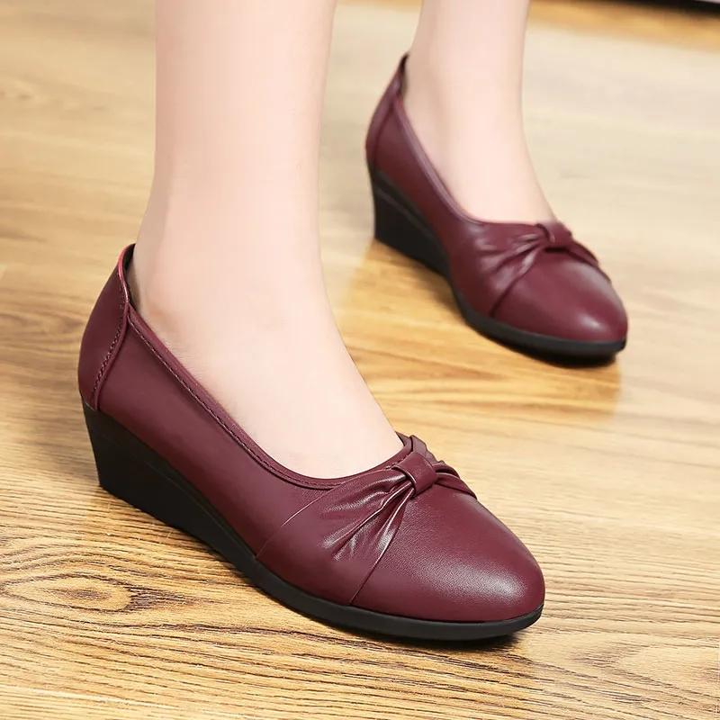 Women Wedges Pumps PU Leather Heels Slip On Shoes Black Office Lady Shoes Spring Summer Pumps Shallow Platform Zapatos