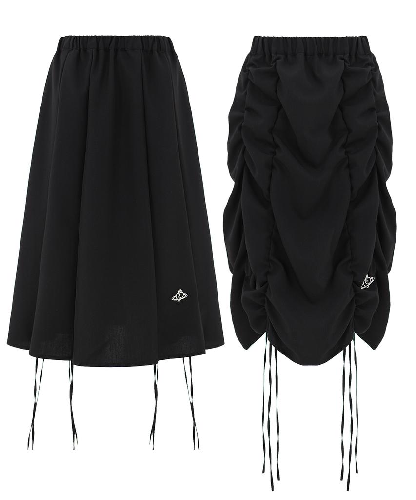 Plasma Sphere 2-Way Scrunchie A-Line Shirred Ribbon Cotton Midi Skirt_Black