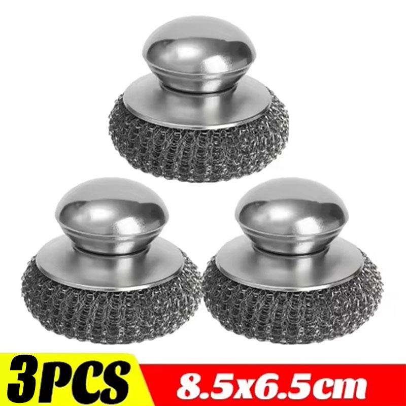 Stainless Steel Pot Brush with Handle Metal Ball Dishwashing Replacement Pans Stoves Sink Scrubbers Robust Kitchen Cleaner New