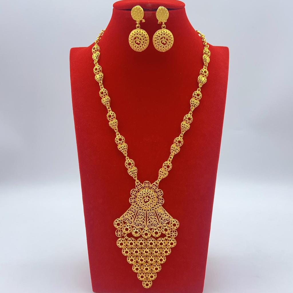 Gold-Plated Brass Flower Necklace & Earrings Set for Women's Wedding Jewelry