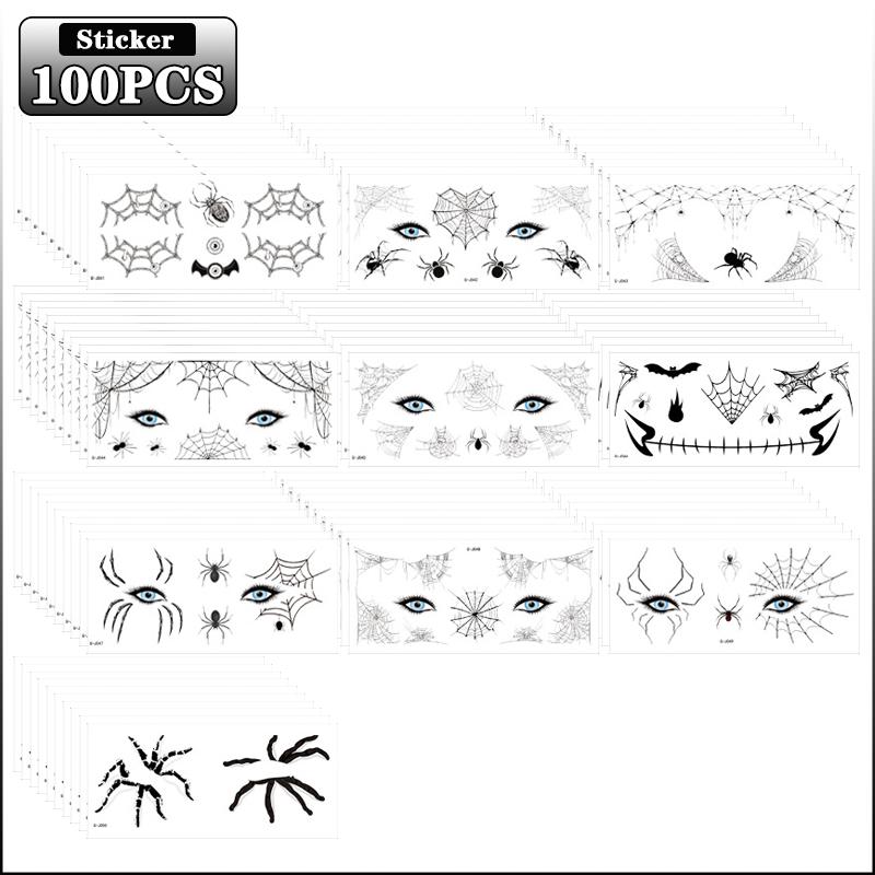 10-100PCS Halloween One Time Use Face Tattoo Stickers Black Spider Bat Design for Adults Kids Party Favor Costume Prop
