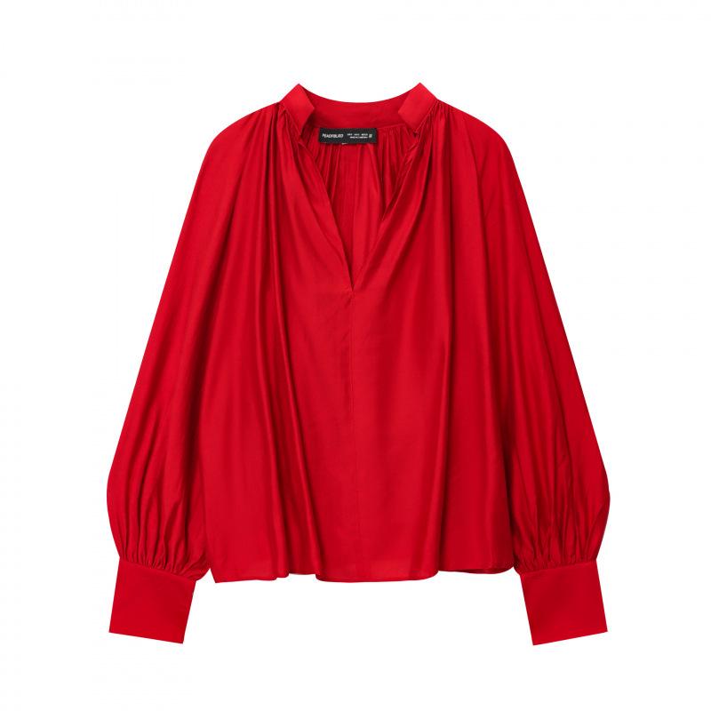 

2025 Women s Versatile V-neck Lantern Sleeve Casual Pullover Top Large красный