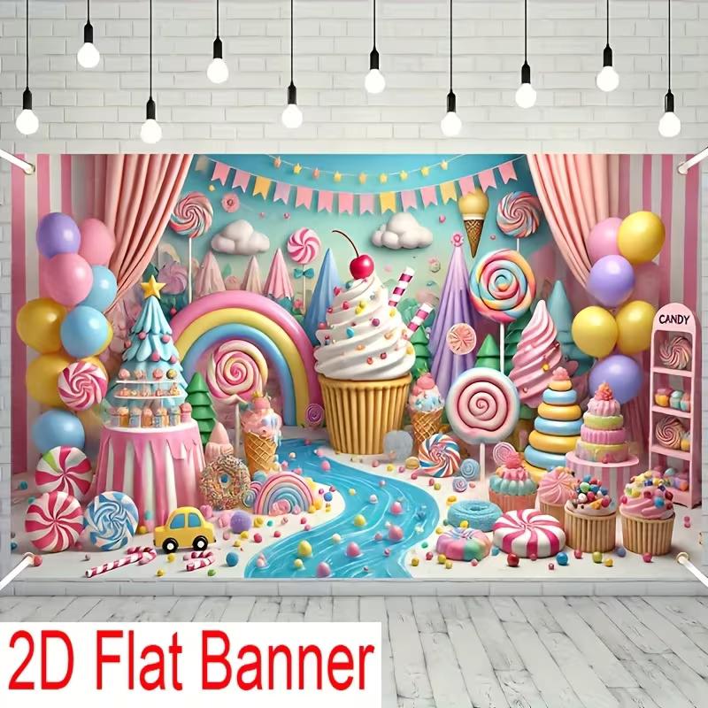 

2D Flat Birthday Banner Candy Land Themed Background Cloth for Studio Photoshoot 47.2x31.5inch/120*80cm